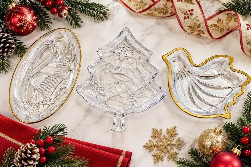 Vintage Home Beautiful Christmas Crystal Candy Dish Set of 3 Japan